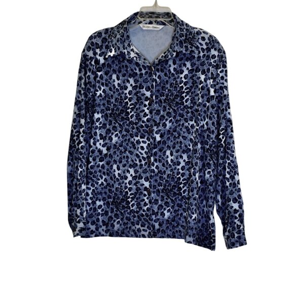 Vintage Women's Drapers and Damon's Blue Cheetah Print Lined Collared Top Size 2 - Picture 1 of 4